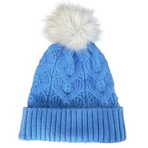 Ladies Echo Winter Knit Hat, Blue with White Pom Pom, Snow, Ski, Hike, Warm/Cozy